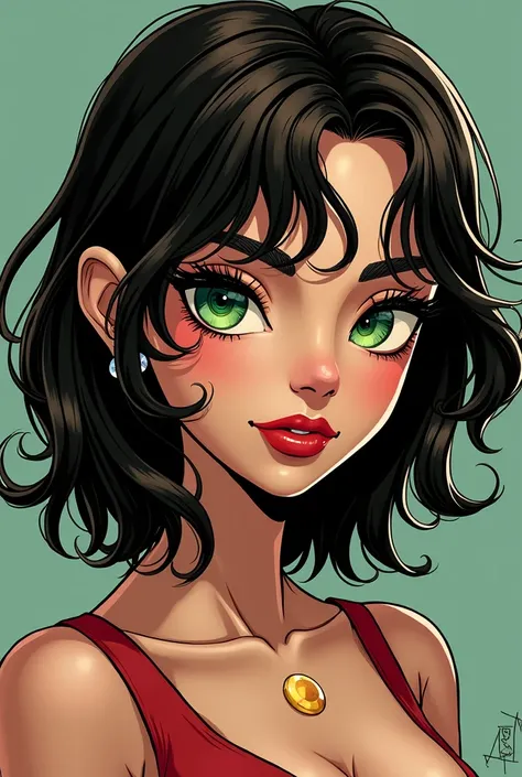 Make a female  with green eyes with dark brown hair and very white skin and has striking comic-book-style features