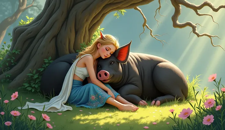 A digital painting depicts an idyllic scene in a mystical forest where a young woman with blonde hair is resting against a large, dark-colored pig-like creature. The woman wears a white sleeveless top, a blue skirt with intricate floral patterns, and a flo...