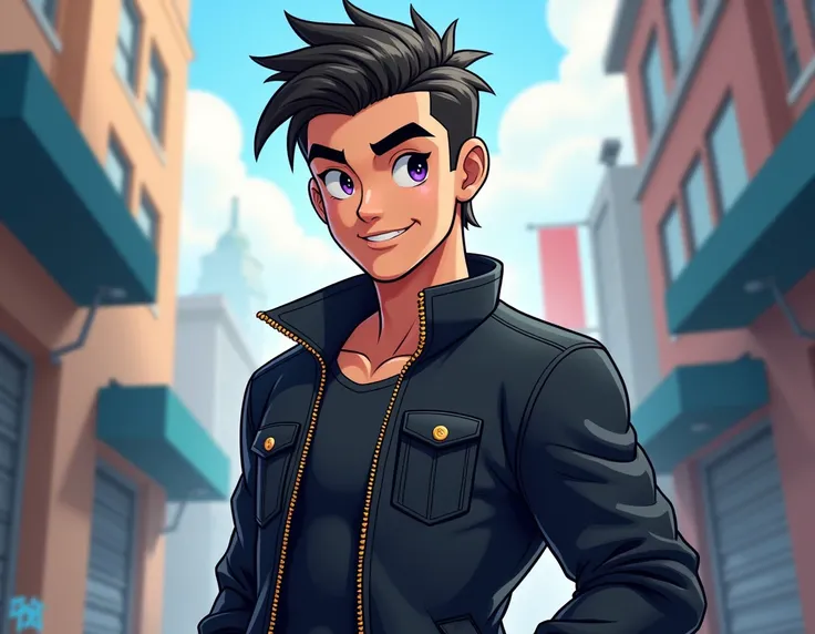 Picture cartoon RPG young man in a black jacket modern and athletic