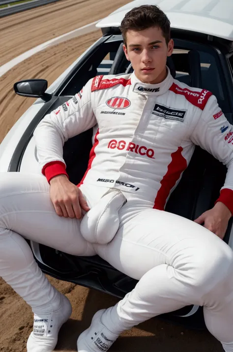 A young male race car driver standing outdoors at a racetrack, wearing a white racing suit with multiple sponsor logos. the suit is very tight-fitting and shows middle body naked. he is sitting in thhe car wit open legs and visisble massibe huge boner, bod...