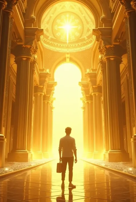  Create an image as if it were paradise ,  with golden streets and in the middle of the image a door with a large golden light, And in front of the door a male person,  make that person in the view from their back .