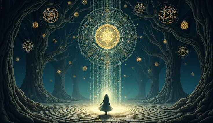 Create a mystical scene featuring 100 diferent ancient simbols, intricately designed, creating a sense of enchanting energy. Mind bending, dreamy, ethereal, fantastic, The background should be dark and ethereal, with swirling patterns of light, symbolizing...