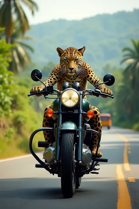 A young lepoard driving royl enfield in kerala through keralabrod, overtakig kerala privat bus 