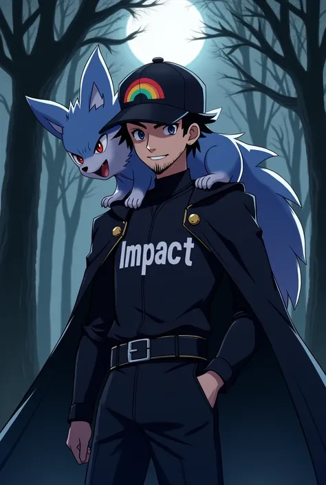 en version anime, un homme avec une barbe et un bonnet noir avec une marque en forme darc-en-ciel tout blanc sur le devant du bonnet, une tenue noir avec marqué Impact sur la tenue, avec une cape noir sur le dos, avec le pokémon feunard chromatique sur lép...