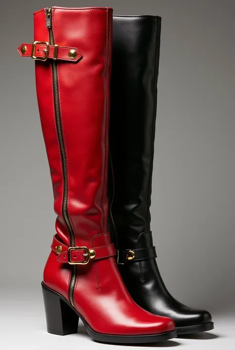 boots,Tall red and black leather,  with gold details .