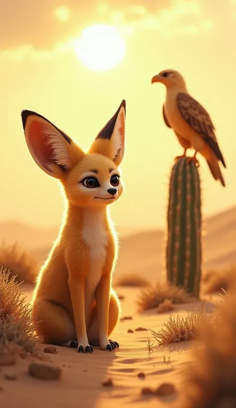 "On a sandy desert plain under the blazing sun, a beige fennec fox with large ears stands near a golden eagle perched on a cactus. The shimmering heat waves and wide horizon make the scene strikingly realistic."