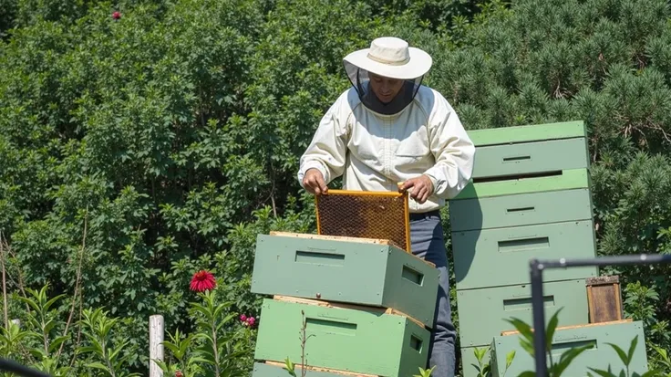 Create a realistic image of a beekeeper placing a melaria (a hive with honeycombs )  while a bee flutters frantically ,  hyper realistic cinematic style 9 :16 