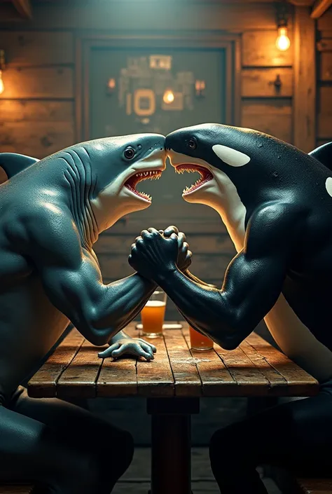 Muscular shark and orca arm wrestling in a pub