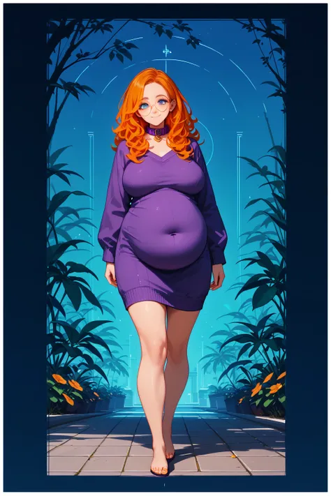 score_9, score_8_up, score_7_up, score_6_up, concept art, digital art, hyperrealistic, 8k, best quality, high quality, detailed background, on sidewalk,, walking, legs spread, 1female Jamie, standing,, wearing purple sweater dress, curly long hair, (orange...