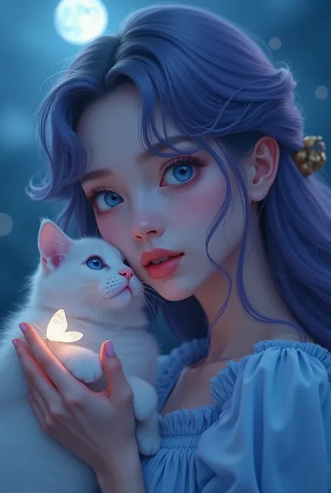 detail, realism, 4K, Beautiful woman, detail in face, Big blue eyes, Full lips, with an upturned nose, Purple and gray hair, wearing a light blue dress, The cat in his hands, Blue moonlight background, White butterfly in the foreground, Realistic shooting,...