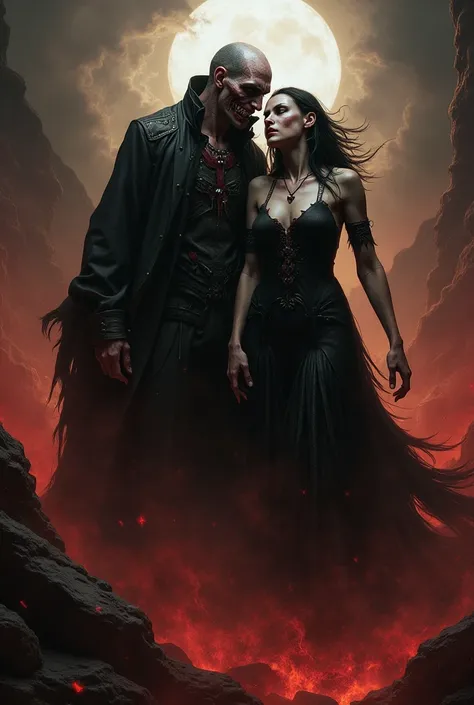 Man and woman with diabolical appearance in the underworld 