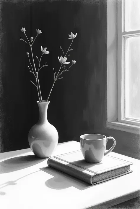 Create a three-part still life pencil drawing. no complicated background, just darken the background with a pencil. Image color: black and white. emphasis on light and shadow