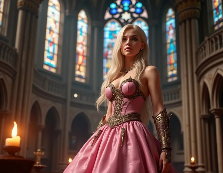  realistic, masterpiece,  Intricate Details,  Detailed Background,  depth of field ,  Tekken 8 Lili Rochefort , w4x4rmor,  Western Active Pink Dress, Elegant Pose ), cathedral 스테인드글라스 배경, Cinematic composition ,  white-skinned , Blonde,  long hair in the c...