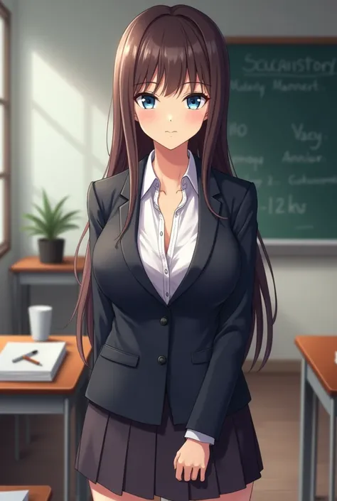 anime-style woman teacher in a ,  class wears a blazer and a half-unbuttoned shirt and a skirt.  blue eyes ,  serious and fixed look , Straight brown hair