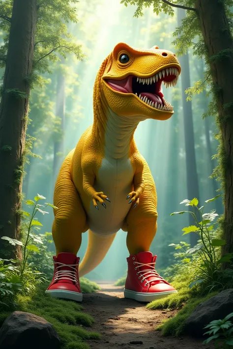 Yellow T-rex wearing red shoes in a forest 