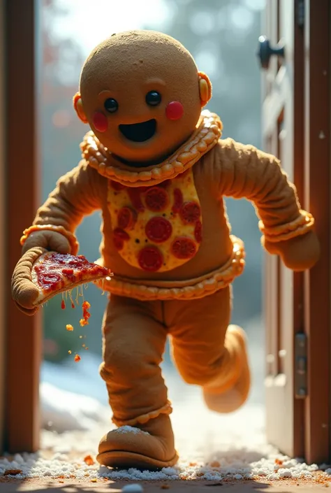 Gingerbread man running while being a pizza while eating a pizza running out of someone house 