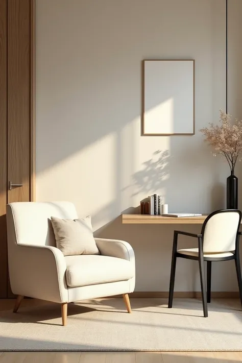 Two-seater cream sitting room with minimal design pillow attached to a hanging desk with black and cream chair under the fridge bar, 