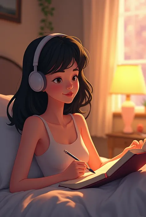 An animation of a 30-year-old woman , slim, with dark hair,  lying on her bed with headphones listening to music and writing a diary