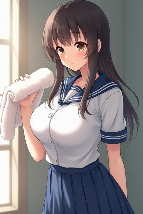 She generates an 18-year-old girl in Japanese school clothes and with very large breasts in a blue skirt and a white shirt and who has a faith towel in her hand 