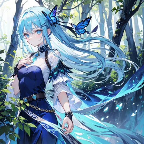 The image depicts an anime-style character with long, flowing blue hair adorned with a dark butterfly hairpin. The character is wearing a detailed outfit with a mix of blue, white, and black colors, featuring floral patterns and a green belt with a gold bu...