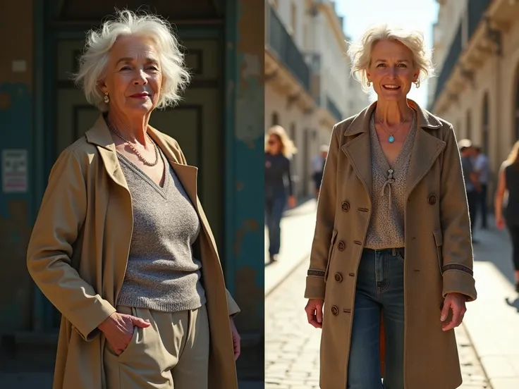 "A woman aged 50 to 56 shown in two moments: on the left, her outdated look with old-fashioned clothing, messy hair, and unflattering makeup; on the right, her stylish and modern transformation, walking confidently. The background transitions from dull and...