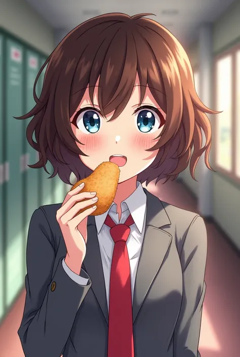  Screenshot Boku no hero Academia, Pretty woman, short wavy brown hair, with bangs,  sky blue eyes, cheerful expression,  Uniform gray jacket and red tie , eating,  school corridor in the background ,  looking at the camera 