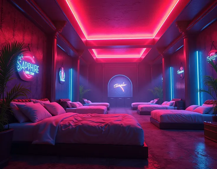 ( intricate details, warm colors, by Greg Rutkowski, by Alphonse Mucha, surrounding a very large, huge, giant, big dark VIP bedroom with 5 king size beds,  neon cyberpunk at night coordinator neon glow,In the room the sign glows and shimmers in neon light ...