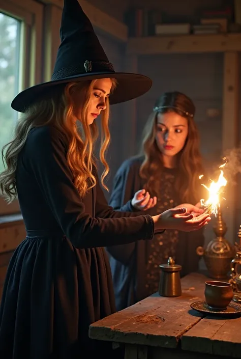 clara,  turned into a powerful witch , Perform a spell under the guidance of Eleanor , Whoever proudly watches her ;  the background shows a renovated cabin and a magic altar;  hyper-realistic style ,  photo realism cinematography .