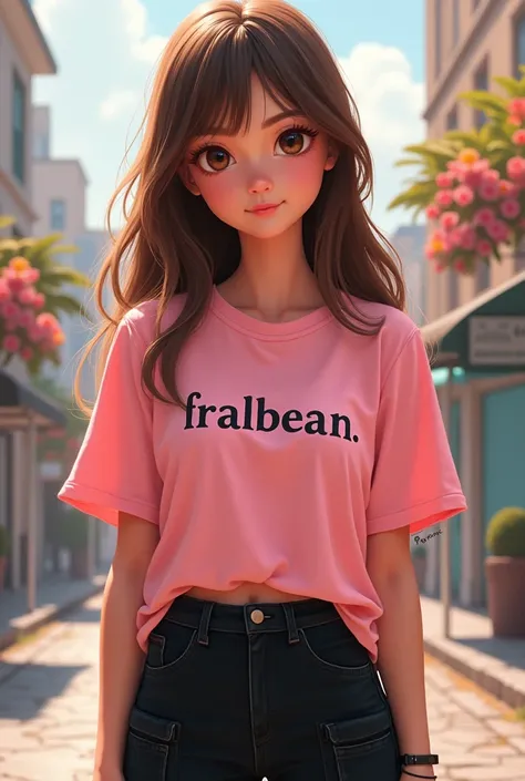 A detailed cartoon ,  looking gorgeous ,  brown eyes ,  light brown hair , no bangs, long and straight,  with a baby pink shirt written Fralbean and black cargo pants, detailed body,  detailed hair ,  and with a beautiful background detailed 