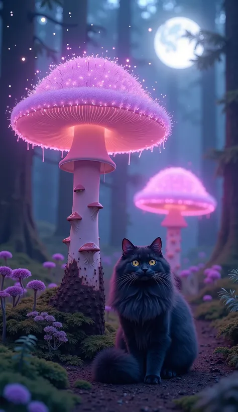  Digital image of giant fly agaric mushrooms  ,fantasy, the forest,   dynamic lighting :1.1,  Complex Details , HD, 8 k, glowing neon-lit fly agarics of lilac-pink-purple color, испускающих дым в волшебном  ночном the forestу, twilight ,Night ,stars , glow...