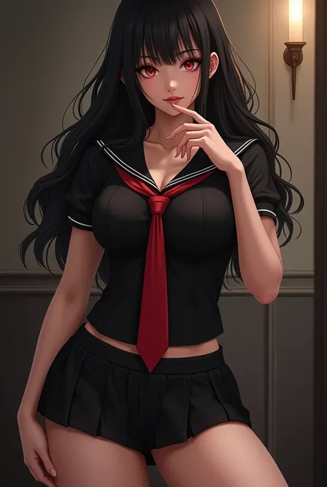  full body girl , erotic look,  long black hair, red eyes, en pose sexy,  big breasts, sexy thighs, Touch her hips, short skirt,  wearing a very short black school uniform, red tie, short sleeve, with a finger on his lips  