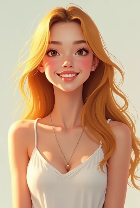 Smiling girl with long hair of intense blonde color and 
a sleeveless white blouse and full lips 