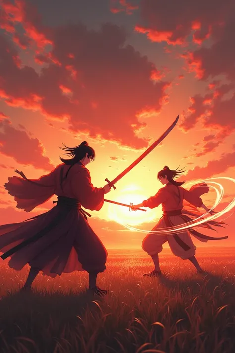  The scene unfolds on a field Open at dusk ,  with the sky tinged with orange and red ,  reflecting the intensity of the impending battle . Kenshin Himura,  the legendary Battousai ,  Are you standing with your Sakabatou  ( reverse blade sword ) unsheathed...