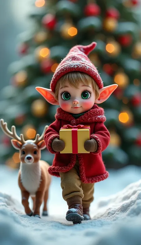 ( extremely detailed CG Unity 8k wallpaper ), (ultra-Detallado), 
 Little elf boy from the fantasy forest with big bright green eyes , long eyelashes,  small nose ,  is walking through the snow to the front with a golden gift with a red ribbon offered to y...