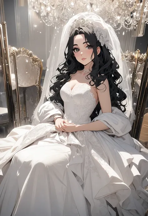 Italian girl, 28 years old, long wavy black hair, sitting on a luxury chair, wearing a wedding dress