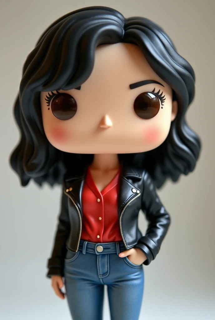 Create a feminine Funko pop with light brown eyes and medium-long black hair with a red blouse and jeans and with a leather jacket 