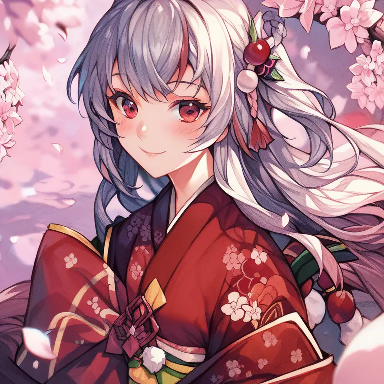 ((Nakiri Ayame)),Girl, long hair, gray hair,    kimono, red eyes, red mesh color, (Cherry Blossoms), Smiling,alone, a radiant smile,masterpiece,Best Quality, blush,  smiles, ((Cherry blossom petals)), reach over here