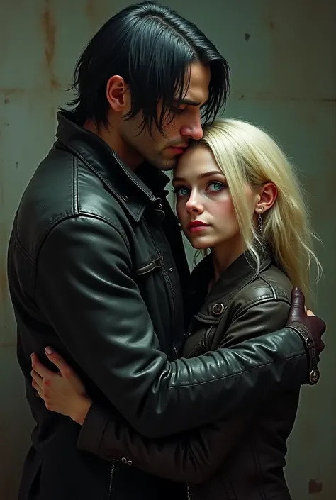 Vladimir Makarov from call of duty (black hair, one green eye, one blue eye, in his 30s) hugging a blonde girl which is in grunge style clothes
