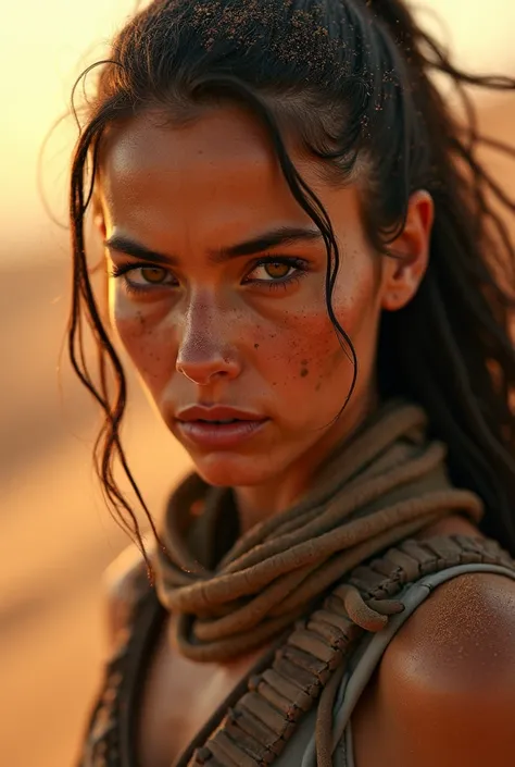 A close-up of fearless, determined Zara, the lead warrior, planning the ambush with her team. Her face is stern and covered in specks of sand and sweat, reflecting the fiery hues of the desert. The group, fierce and focused, is gathered around her, transla...