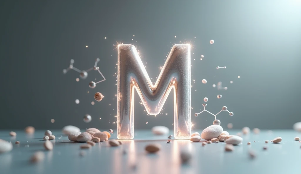 A realistic representation of magnesium as a vital mineral for the human body. The image shows a 3D molecular structure of magnesium prominently in the center, glowing softly in a silvery-gray hue to symbolize its metallic nature. Surrounding it are faint ...