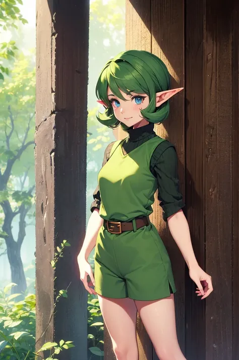 saria (the legend of zelda), adult Saria, blue eyes, short curly green hair, long pointy elf ears, she is saying "Papa bear"