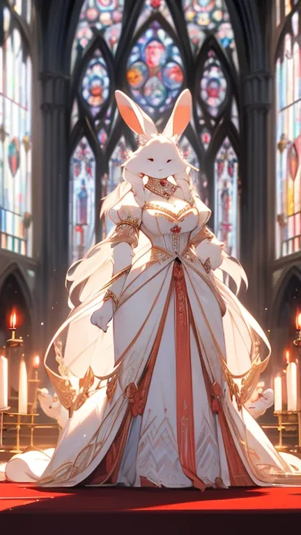 solo magnificent, beautiful, regal female white rabbit, very tall and voluptuous, deep cleavage, wearing a shimmering long, pale blue ball gown, walks on a red carpet towards the viewer. In the background there are many creatures bowing or kneeling, high g...