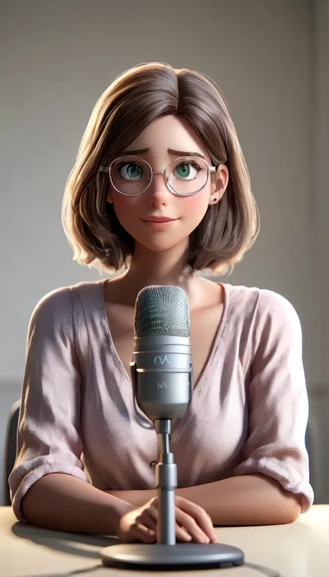 Please create a beautiful young woman of approximately 24 years old, represented with realistic features and enhanced by a hyper-realistic digital art style. Here we have this beautiful woman who is a podcast host. She is in a studio, sitting at a table, w...