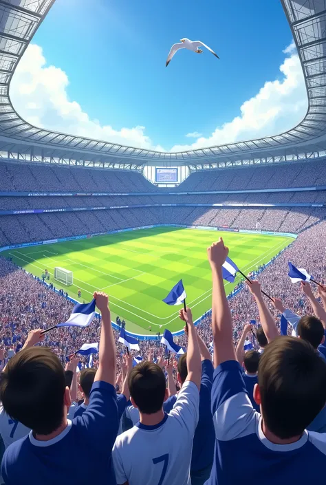 Fans in navy white jerseys with navy white flags and a white seagull in a stadium 