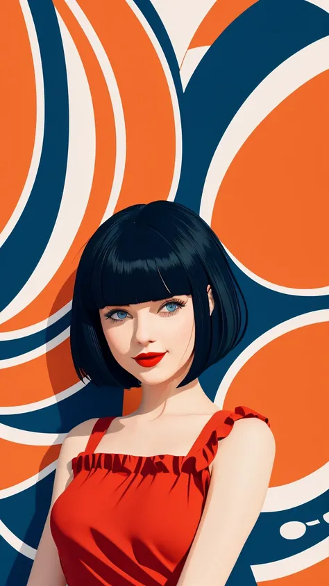  Create a flat illustration of a realistic female character with a black bob cut, striking blue eyes, and red lips. She is wearing a dress featuring an orange ruffle off-the-shoulder top, showcasing her bare shoulders. The character has a warm smile, exudi...