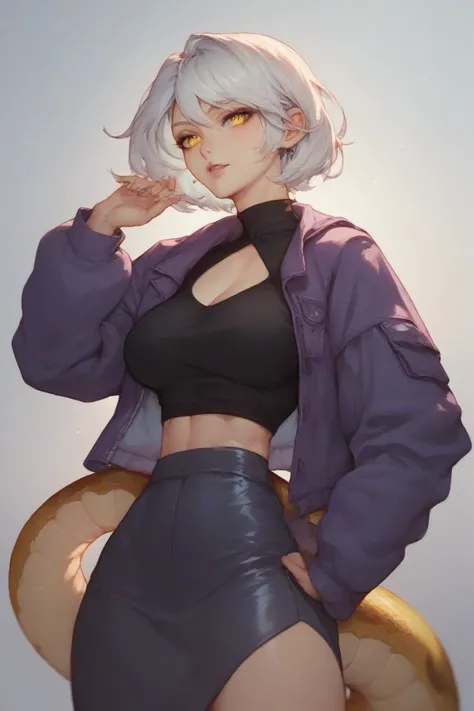  A woman with white hair and yellow eyes with a slit. she wears a skirt, a purple jacket and a black top . Her body is covered with snake scales .