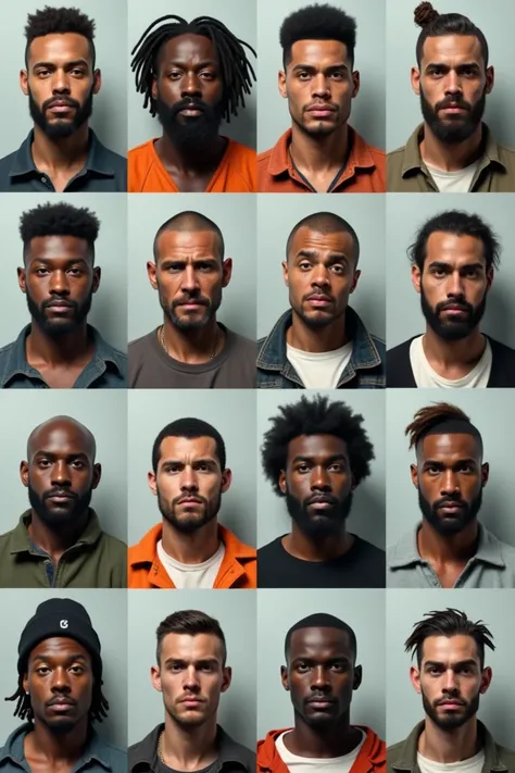 Generate 12 criminal profiles of men that look like no repeated image, different clothing, all looking straight ahead and of the same skin color. 