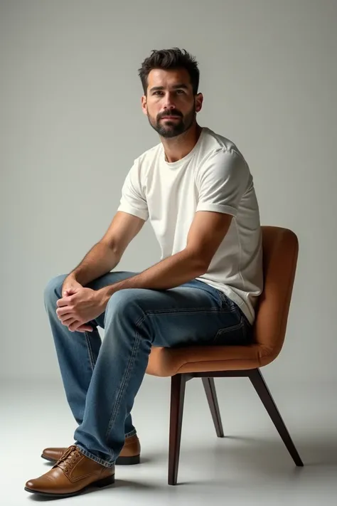 30-year-old male person with Australian features sitting in a profile chair dressed casually 