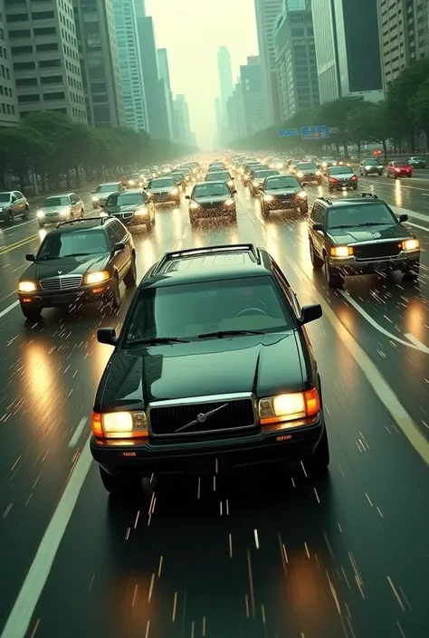 Highway Chase Scene: A dramatic shot of Neo, Morpheus, and Trinity engaged in a high-speed chase on a freeway, dodging agents, with cars crashing in slow motion, illustrating the thrilling action sequence.
