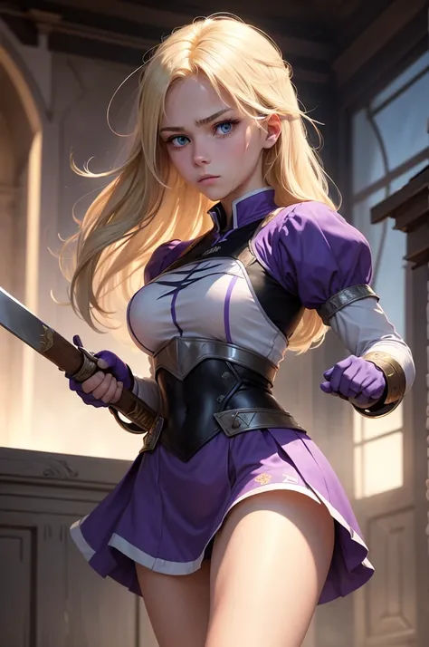 One 18 year old girl, Blonde hair, purple-blue eyes, similar to her twin brother Connor. She has a strong, athletic build, reflecting his royal heritage and combat training. Her facial features are sharp and defined, often carrying a serious, determined ex...